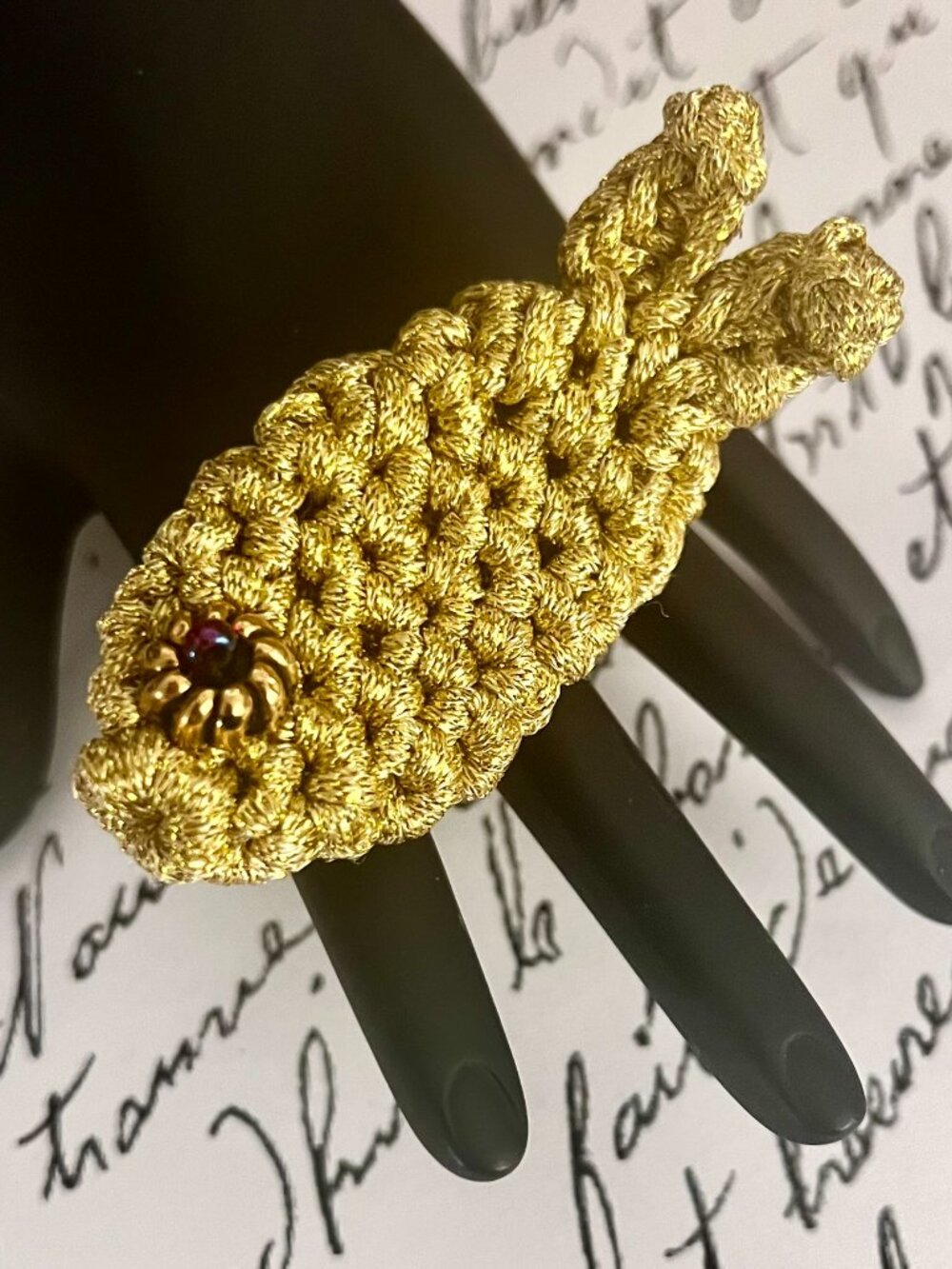 Hand Crafted Sparkling GOLDFISH BROOCH/PIN Crocheted with Gold Lame Ribbon